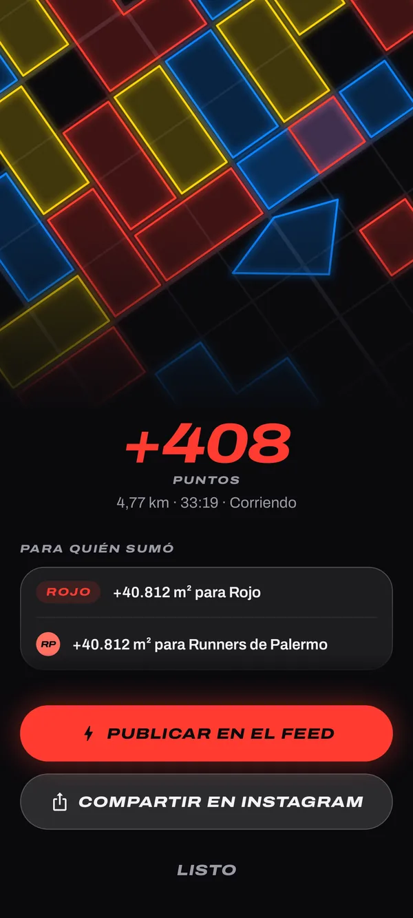 Resumen de una salida en Copalo: +408 puntos, para quién sumó, y botones para publicar en el feed y compartir en Instagram.